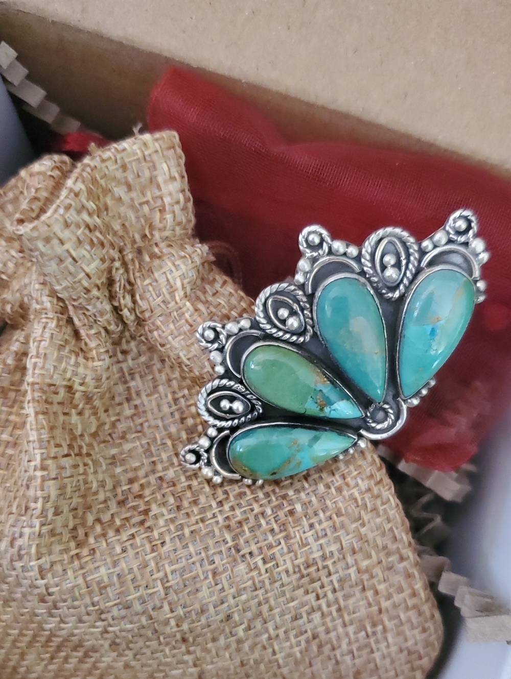 Kingman Turquoise Teardrop 925 Silver Filigree Stamped Floral Statement Ring